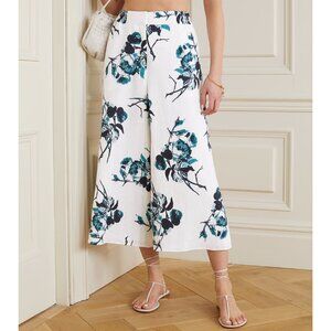 ERDEM Mouna Floral Wide Leg Linen Pants / Coulottes Size S - White & Teal Blue